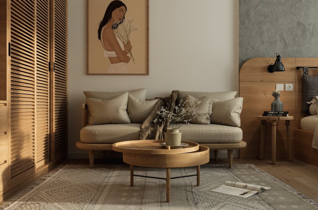 Warm minimalist living room with wooden furniture and art decor, creating a serene atmosphere.